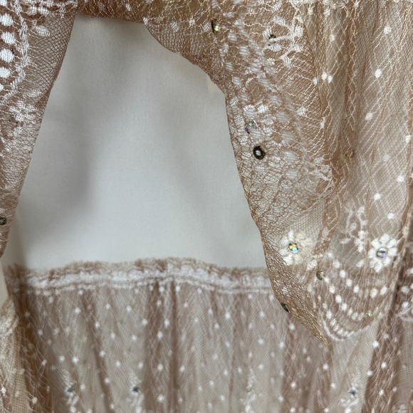 Vtg 80s Rina di Montella Silk Lace Tiered‎ Midi Dress Tan Rhinestone Size 6 - Picture 4 of 9